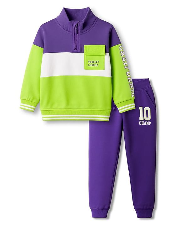 Babyhug Terry Knit Full Sleeves T-Shirt & Lounge Pant Set With Text Print - Lime Green & Purple