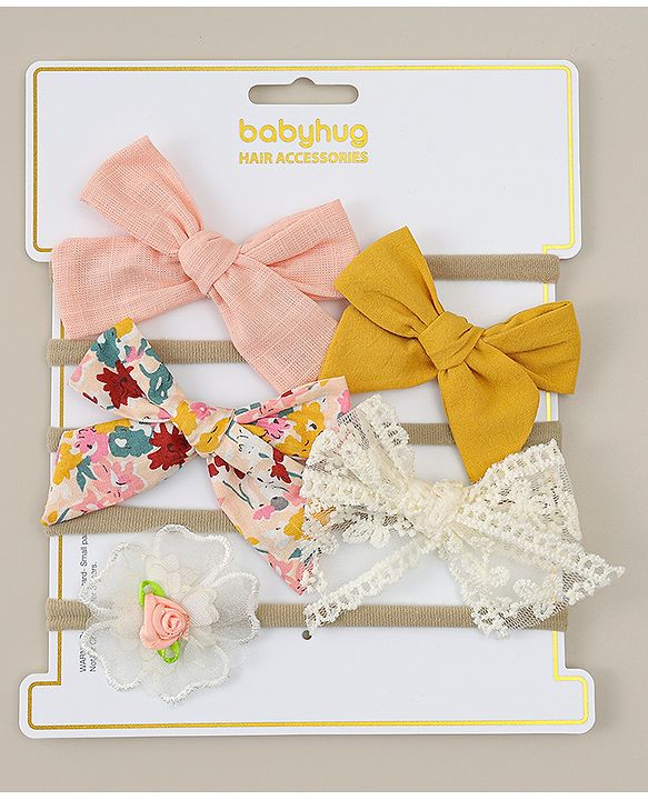 Babyhug Headbands with Bow & Floral Applique Pack of 5 - Pink Yellow & White