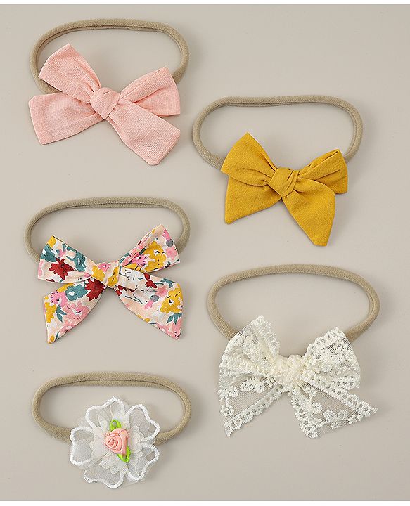 Babyhug Headbands with Bow & Floral Applique Pack of 5 - Pink Yellow & White