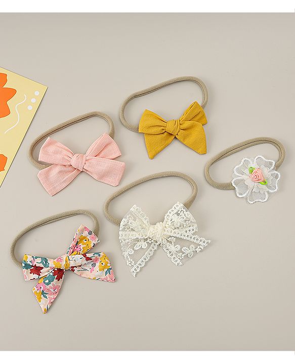 Babyhug Headbands with Bow & Floral Applique Pack of 5 - Pink Yellow & White