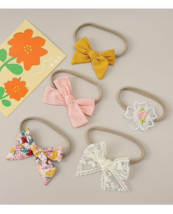Babyhug Headbands with Bow & Floral Applique Pack of 5 - Pink Yellow & White