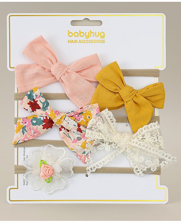 Babyhug Headbands with Bow & Floral Applique Pack of 5 - Pink Yellow & White