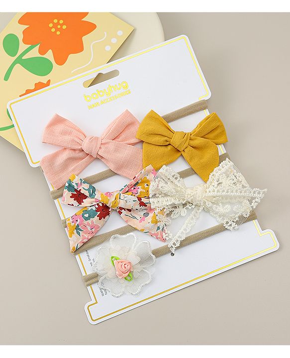 Babyhug Headbands with Bow & Floral Applique Pack of 5 - Pink Yellow & White