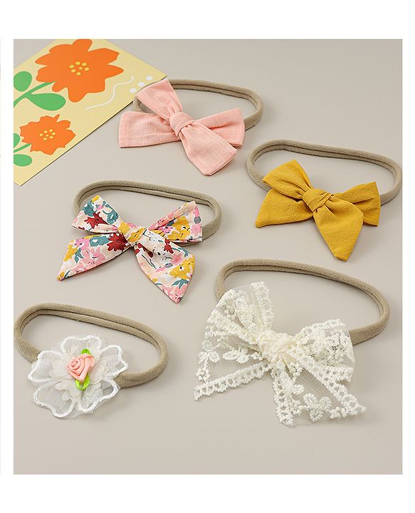Babyhug Headbands with Bow & Floral Applique Pack of 5 - Pink Yellow & White