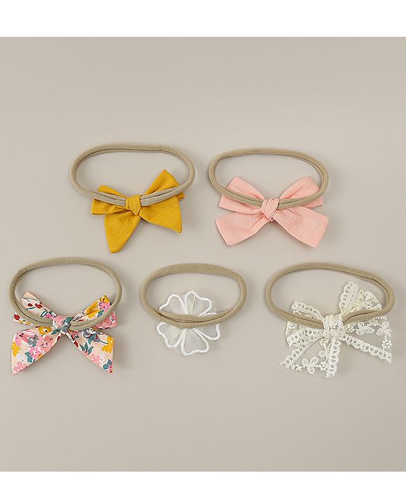 Babyhug Headbands with Bow & Floral Applique Pack of 5 - Pink Yellow & White