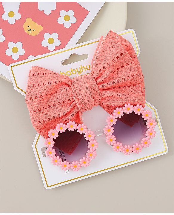Babyhug Headband & Sunglasses With Bow & Floral Applique Combo Set- Pink