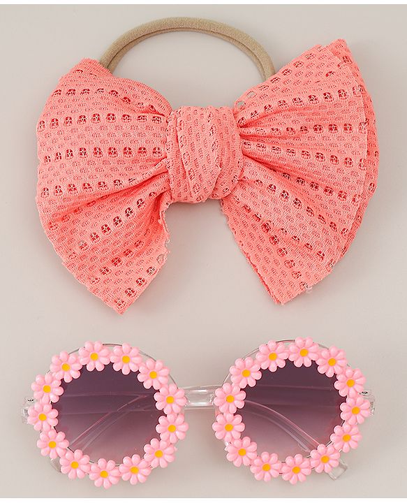 Babyhug Headband & Sunglasses With Bow & Floral Applique Combo Set- Pink