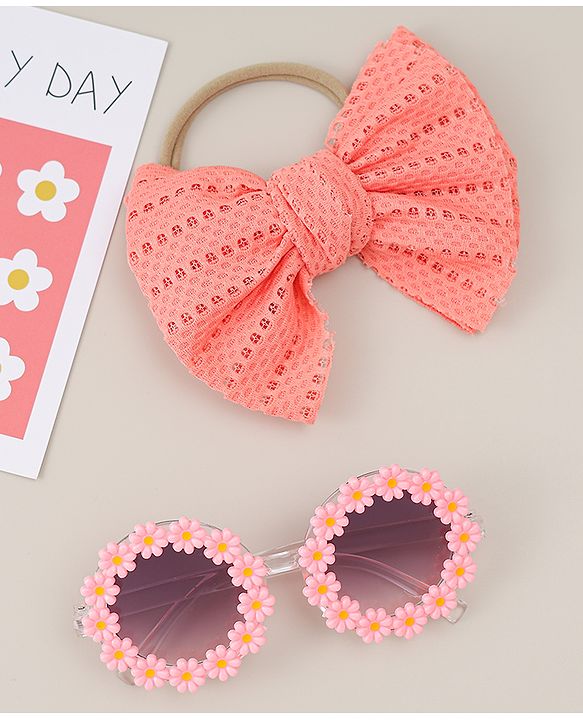 Babyhug Headband & Sunglasses With Bow & Floral Applique Combo Set- Pink