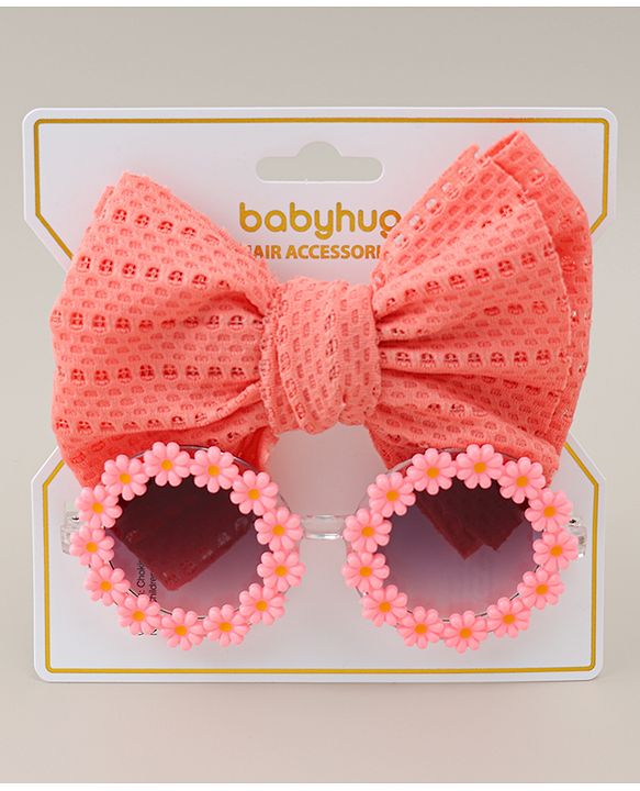 Babyhug Headband & Sunglasses With Bow & Floral Applique Combo Set- Pink