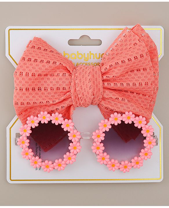 Babyhug Headband & Sunglasses With Bow & Floral Applique Combo Set- Pink