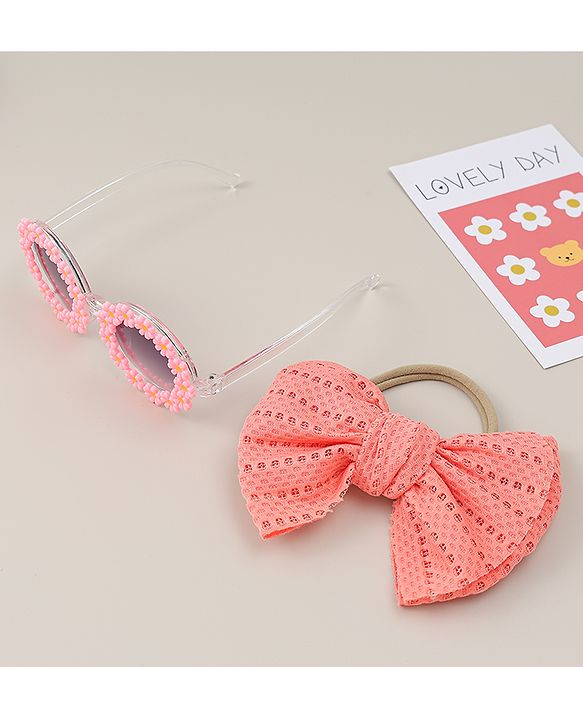 Babyhug Headband & Sunglasses With Bow & Floral Applique Combo Set- Pink