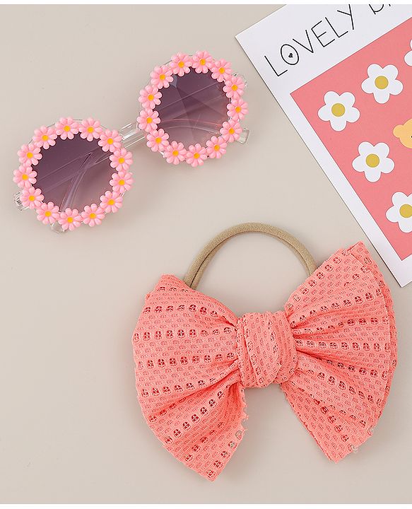 Babyhug Headband & Sunglasses With Bow & Floral Applique Combo Set- Pink