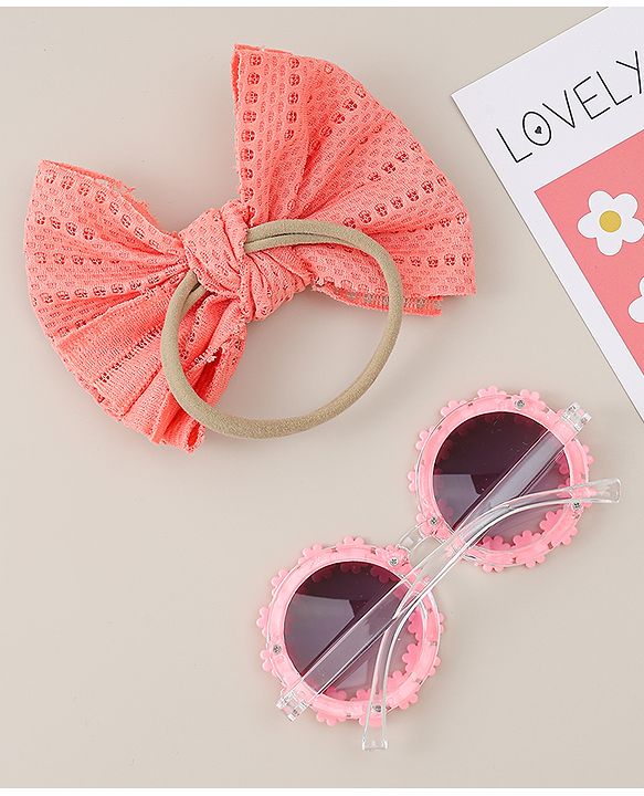 Babyhug Headband & Sunglasses With Bow & Floral Applique Combo Set- Pink