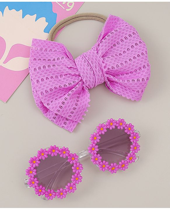 Babyhug Headband & Sunglasses With Bow & Floral Applique Combo Set- Pink