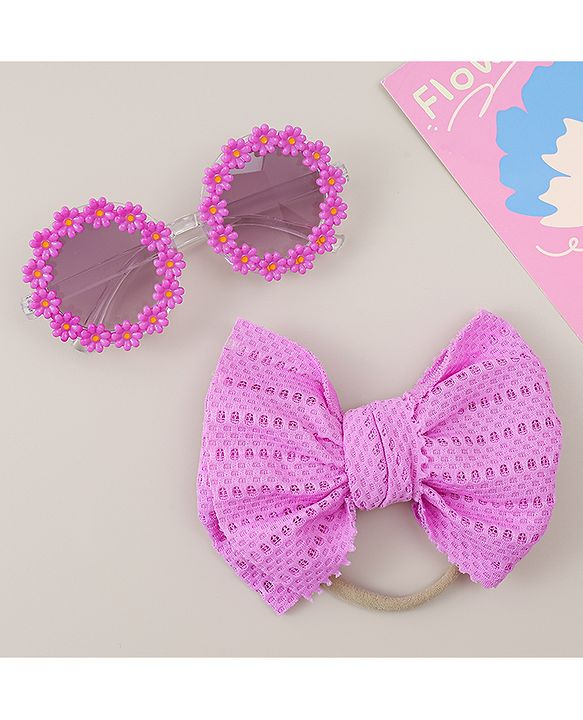 Babyhug Headband & Sunglasses With Bow & Floral Applique Combo Set- Pink