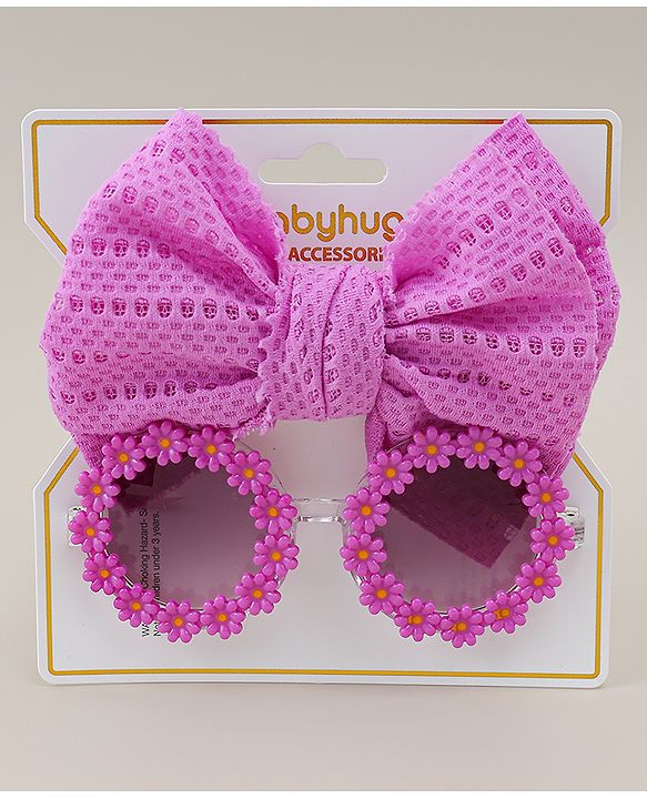 Babyhug Headband & Sunglasses With Bow & Floral Applique Combo Set- Pink