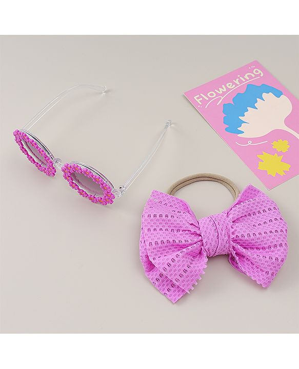 Babyhug Headband & Sunglasses With Bow & Floral Applique Combo Set- Pink