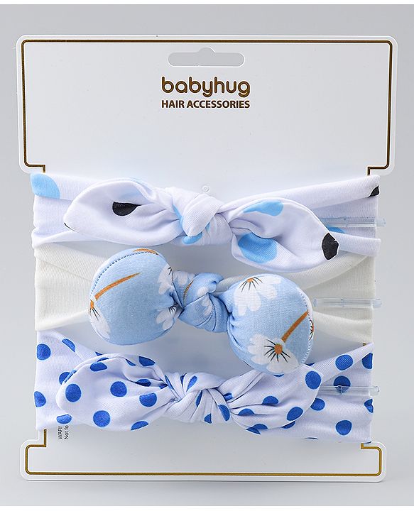 Babyhug Headbands with Bow & Floral Applique Pack of 3 - White & Blue