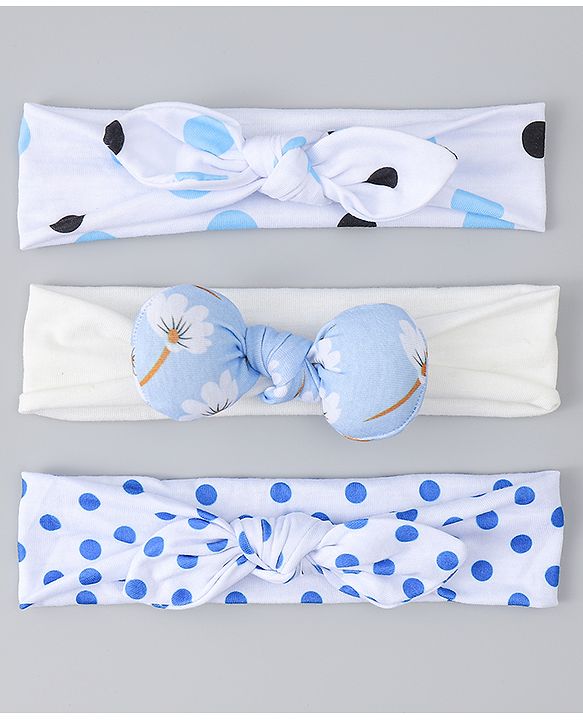 Babyhug Headbands with Bow & Floral Applique Pack of 3 - White & Blue