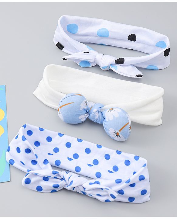 Babyhug Headbands with Bow & Floral Applique Pack of 3 - White & Blue