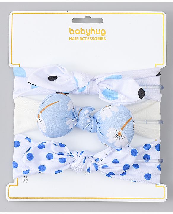 Babyhug Headbands with Bow & Floral Applique Pack of 3 - White & Blue