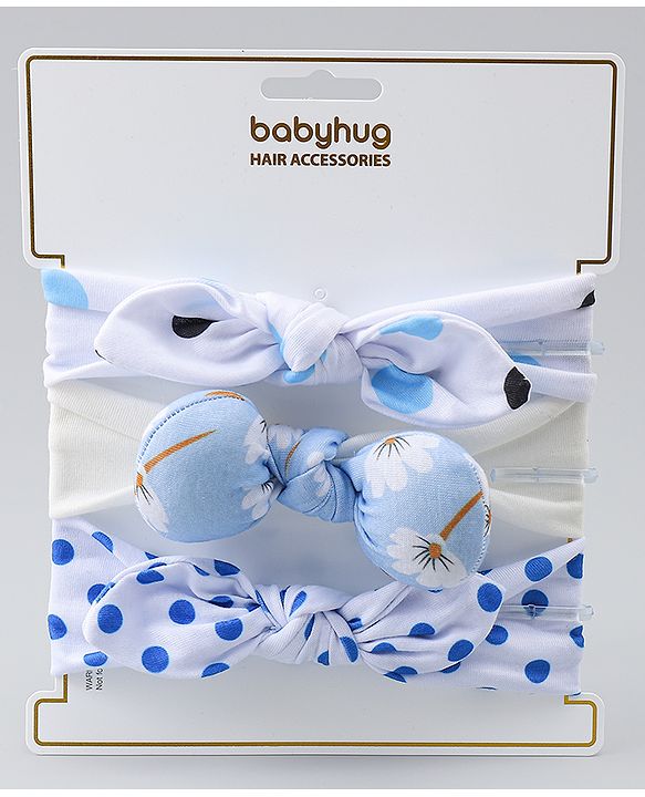Babyhug Headbands with Bow & Floral Applique Pack of 3 - White & Blue