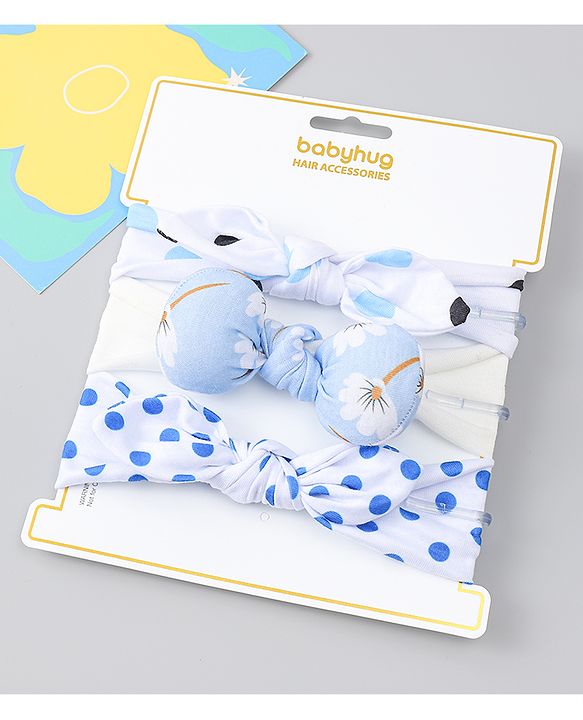 Babyhug Headbands with Bow & Floral Applique Pack of 3 - White & Blue