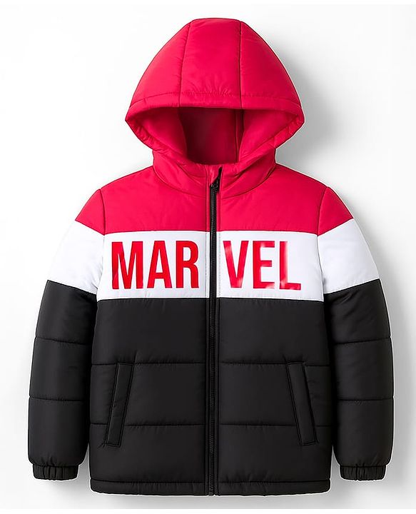 Pine Kids Marvel Woven Full Sleeves Hooded Winter Jacket With Avengers Graphic - Red & Black