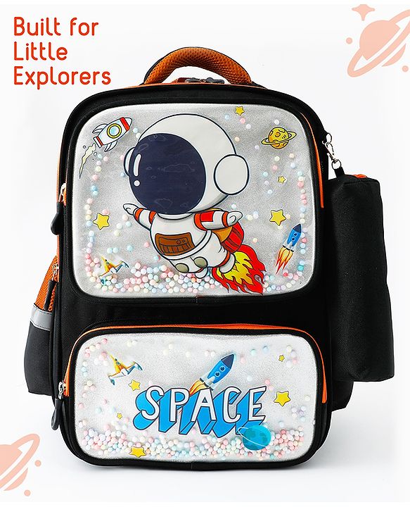 Space Kids School Backpack with Detachable Pencil Pouch 17L - Black| Water-Resistant Polyester| Bag for Boys & Girls| Lightweight & Durable| 3 Compartment & Front Zipper| Bottle Pouch