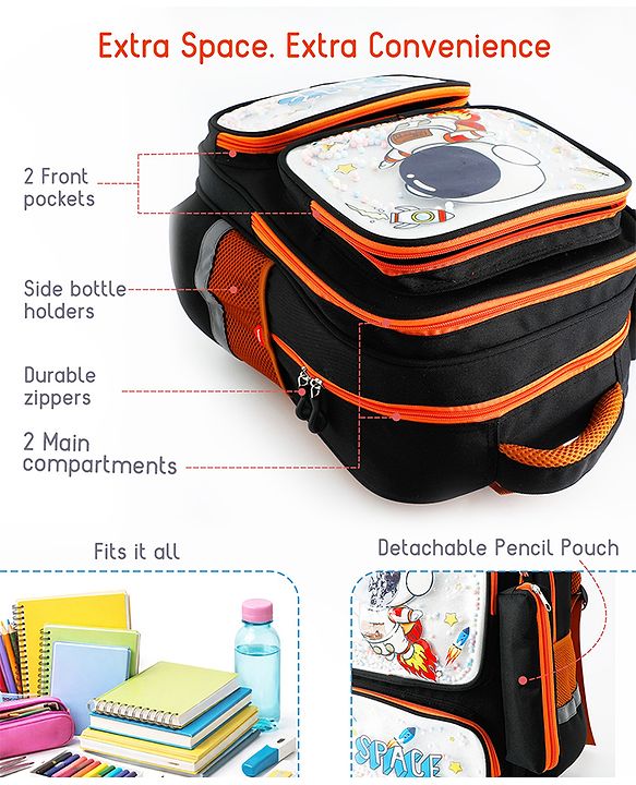 Space Kids School Backpack with Detachable Pencil Pouch 17L - Black| Water-Resistant Polyester| Bag for Boys & Girls| Lightweight & Durable| 3 Compartment & Front Zipper| Bottle Pouch