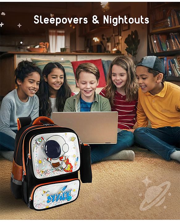 Space Kids School Backpack with Detachable Pencil Pouch 17L - Black| Water-Resistant Polyester| Bag for Boys & Girls| Lightweight & Durable| 3 Compartment & Front Zipper| Bottle Pouch