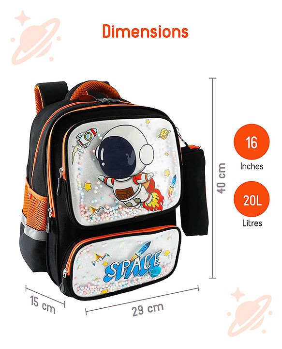 Space Kids School Backpack with Detachable Pencil Pouch 17L - Black| Water-Resistant Polyester| Bag for Boys & Girls| Lightweight & Durable| 3 Compartment & Front Zipper| Bottle Pouch