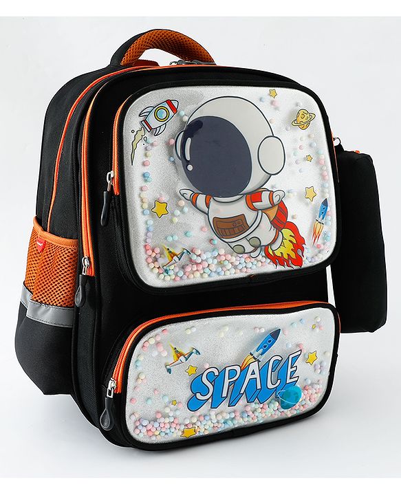 Space Kids School Backpack with Detachable Pencil Pouch 17L - Black| Water-Resistant Polyester| Bag for Boys & Girls| Lightweight & Durable| 3 Compartment & Front Zipper| Bottle Pouch