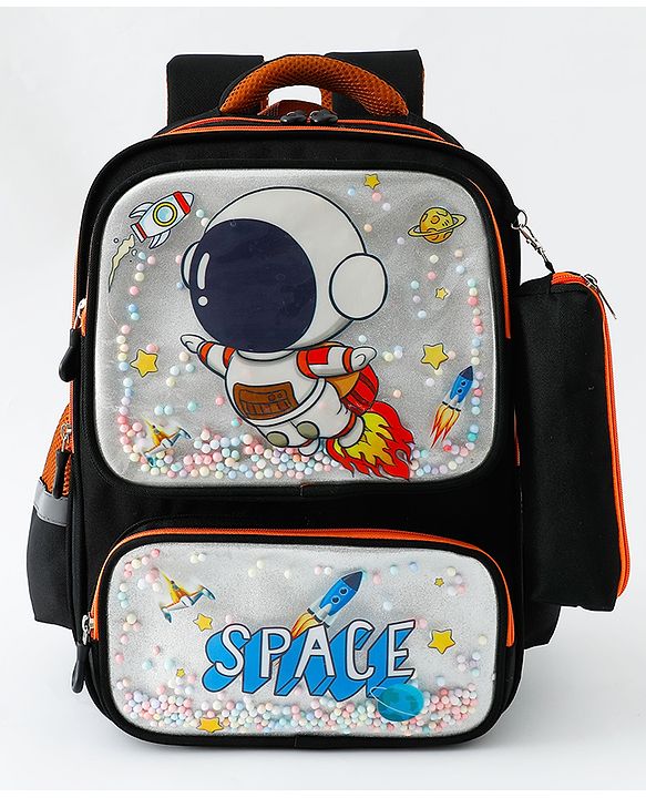 Space Kids School Backpack with Detachable Pencil Pouch 17L - Black| Water-Resistant Polyester| Bag for Boys & Girls| Lightweight & Durable| 3 Compartment & Front Zipper| Bottle Pouch