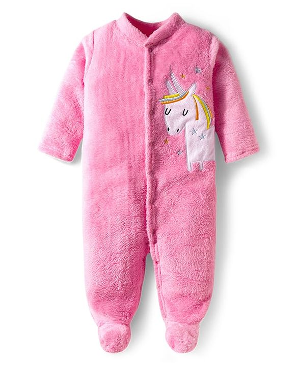 Babyhug Velour Knit Full Sleeves Footed Sleepsuit With Unicorn Embriodery - Pink