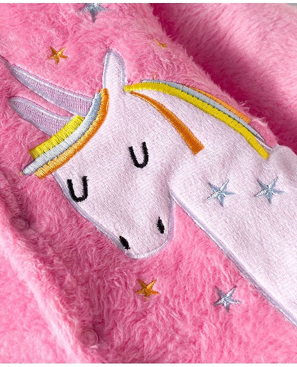 Babyhug Velour Knit Full Sleeves Footed Sleepsuit With Unicorn Embriodery - Pink