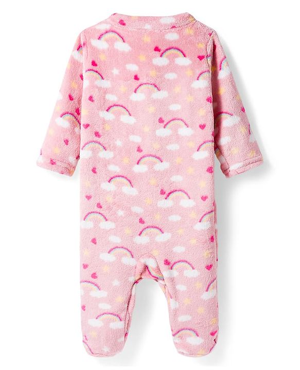 Babyhug Velour Knit Full Sleeves Footed Sleepsuit With Rainbow Print - Pink