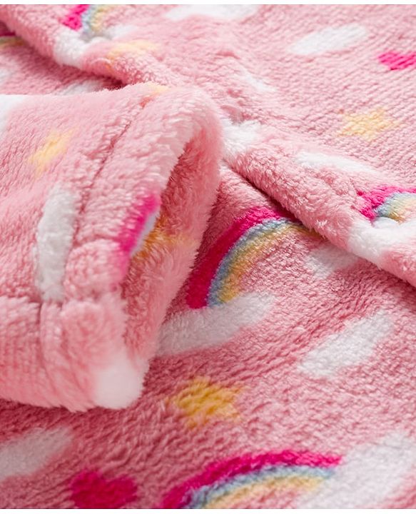 Babyhug Velour Knit Full Sleeves Footed Sleepsuit With Rainbow Print - Pink