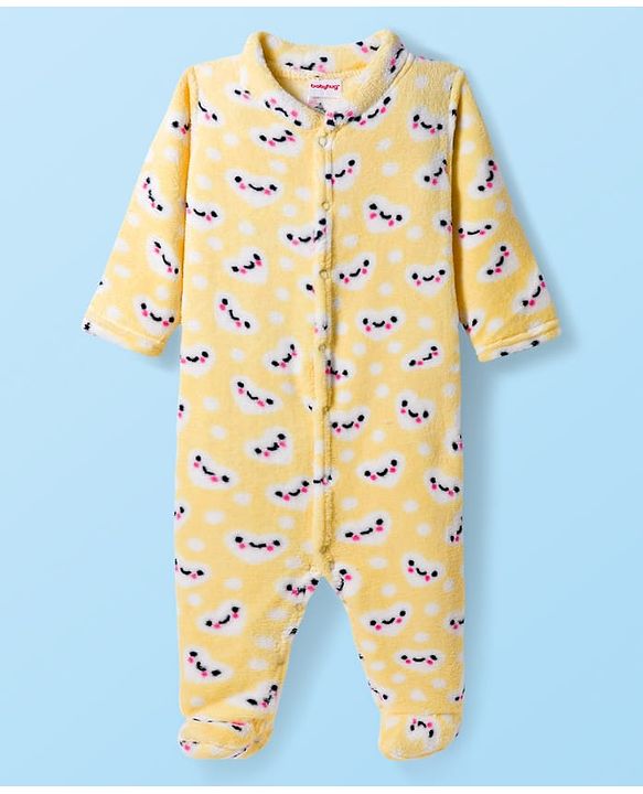 Babyhug Velour Knit Full Sleeves Winter Wear Footed Sleepsuit With Bunny Print - Yellow