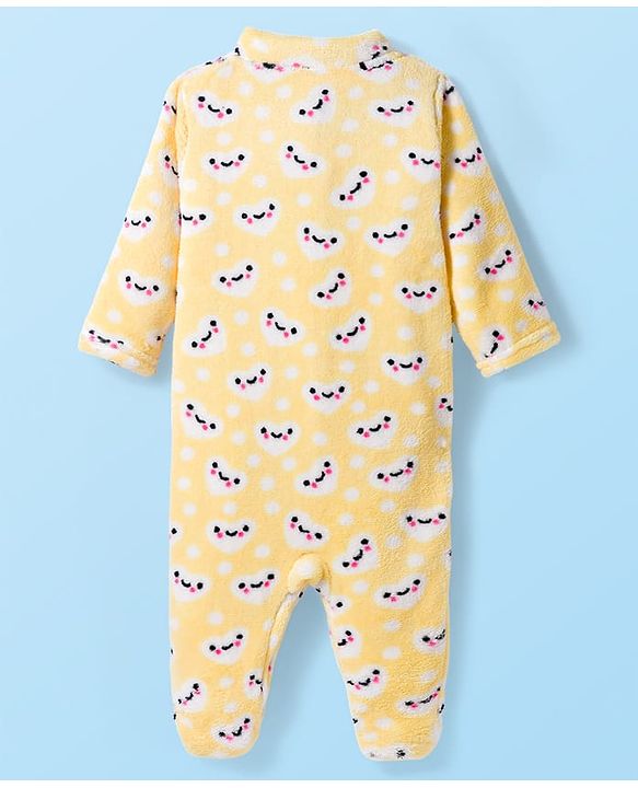 Babyhug Velour Knit Full Sleeves Winter Wear Footed Sleepsuit With Bunny Print - Yellow