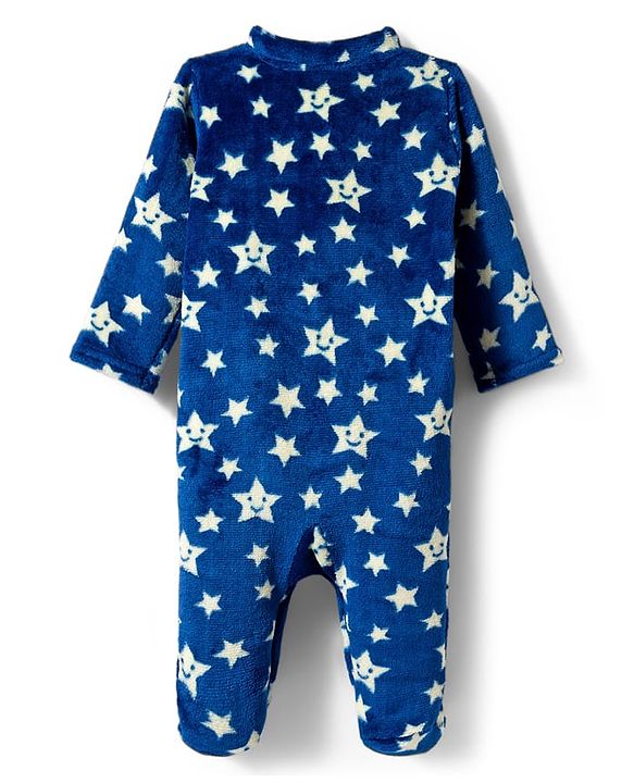 Babyhug Knit Full Sleeves Footed Sleepsuit With Star Print - Navy Blue