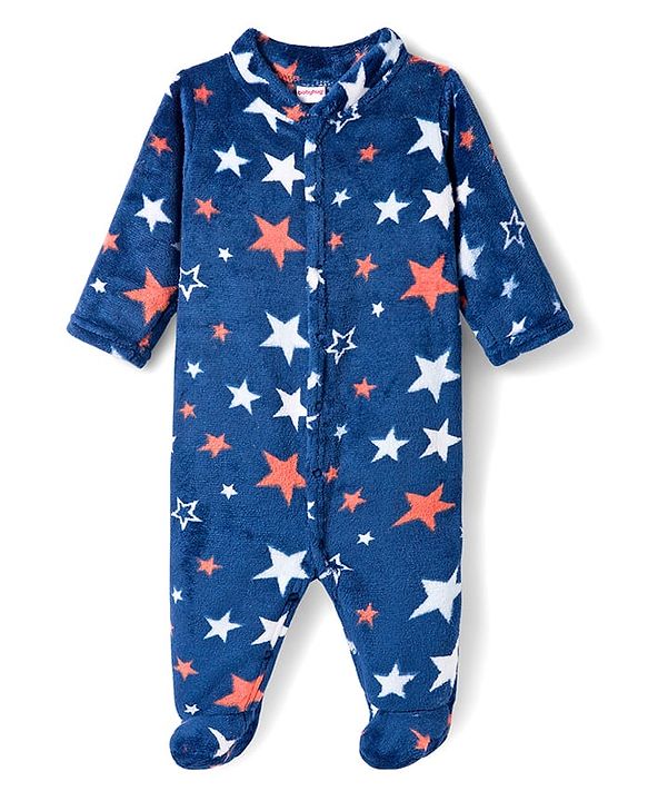 Babyhug Velour Knit Full Sleeves Winter Wear Sleepsuit With Star Print - Navy Blue