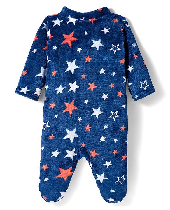 Babyhug Velour Knit Full Sleeves Winter Wear Sleepsuit With Star Print - Navy Blue