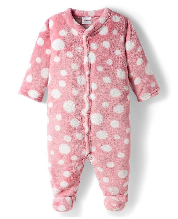 Babyhug Velour Knit Full Sleeves Winter Sleepsuit with Polka Dot - Pink