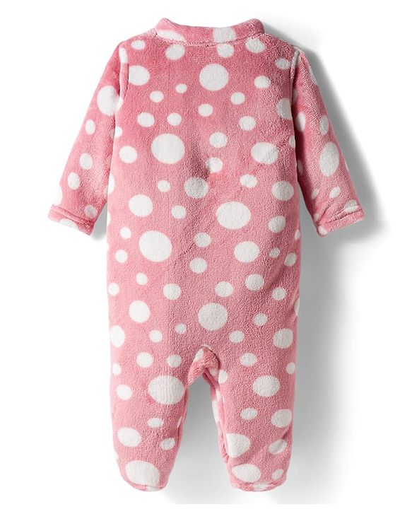 Babyhug Velour Knit Full Sleeves Winter Sleepsuit with Polka Dot - Pink