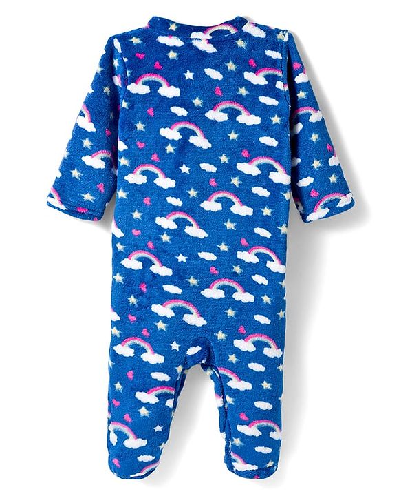 Babyhug Velour Knit Full Sleeves Winter Wear Sleepsuit With Rainbow Print - Navy Blue