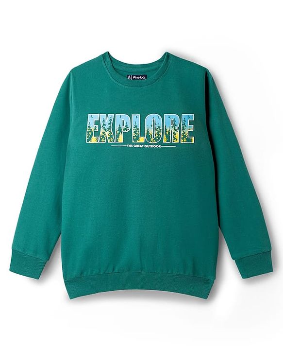 Pine Kids Cotton Knit Full Sleeves Sweatshirt With Text Print - Dark Green