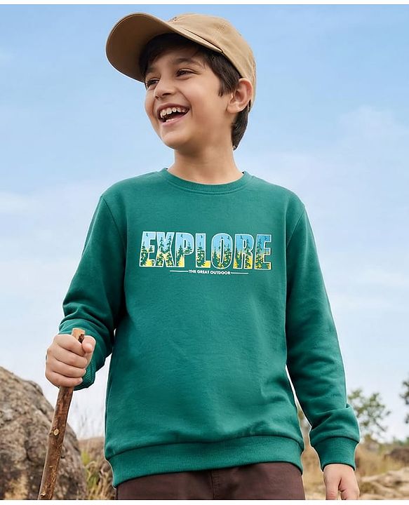Pine Kids Cotton Knit Full Sleeves Sweatshirt With Text Print - Dark Green