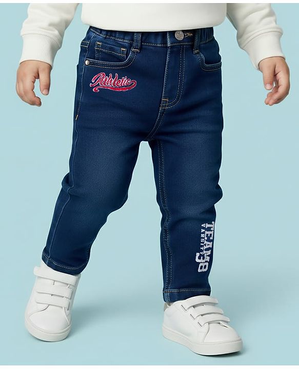 Babyhug Denim Full Length Washed Jeans With Stretch & Text Embriodery - Navy Blue