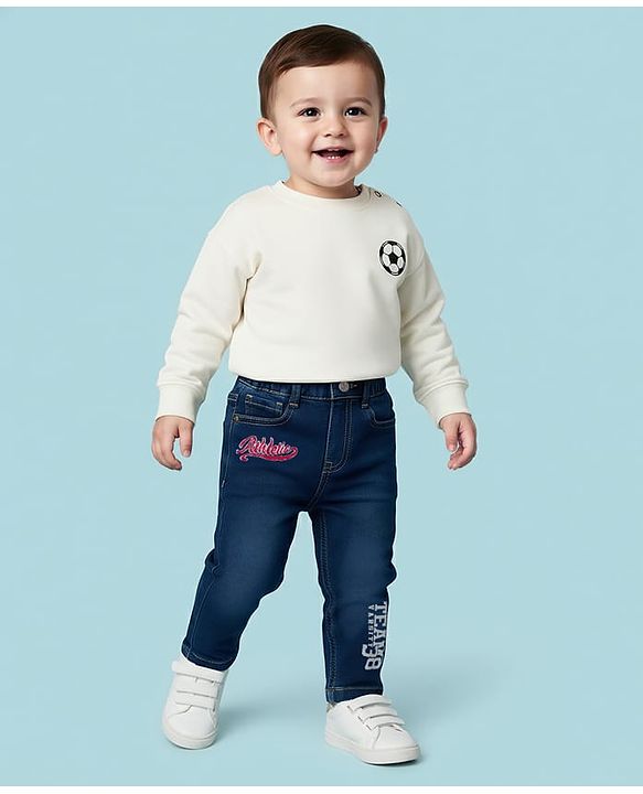 Babyhug Denim Full Length Washed Jeans With Stretch & Text Embriodery - Navy Blue